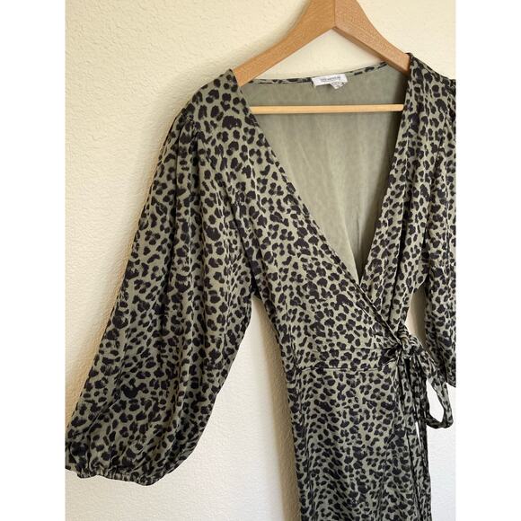 Good American Leopard Wrap Dress 5 XXL Military Green High Low Hem Puff Sleeve - Picture 12 of 12